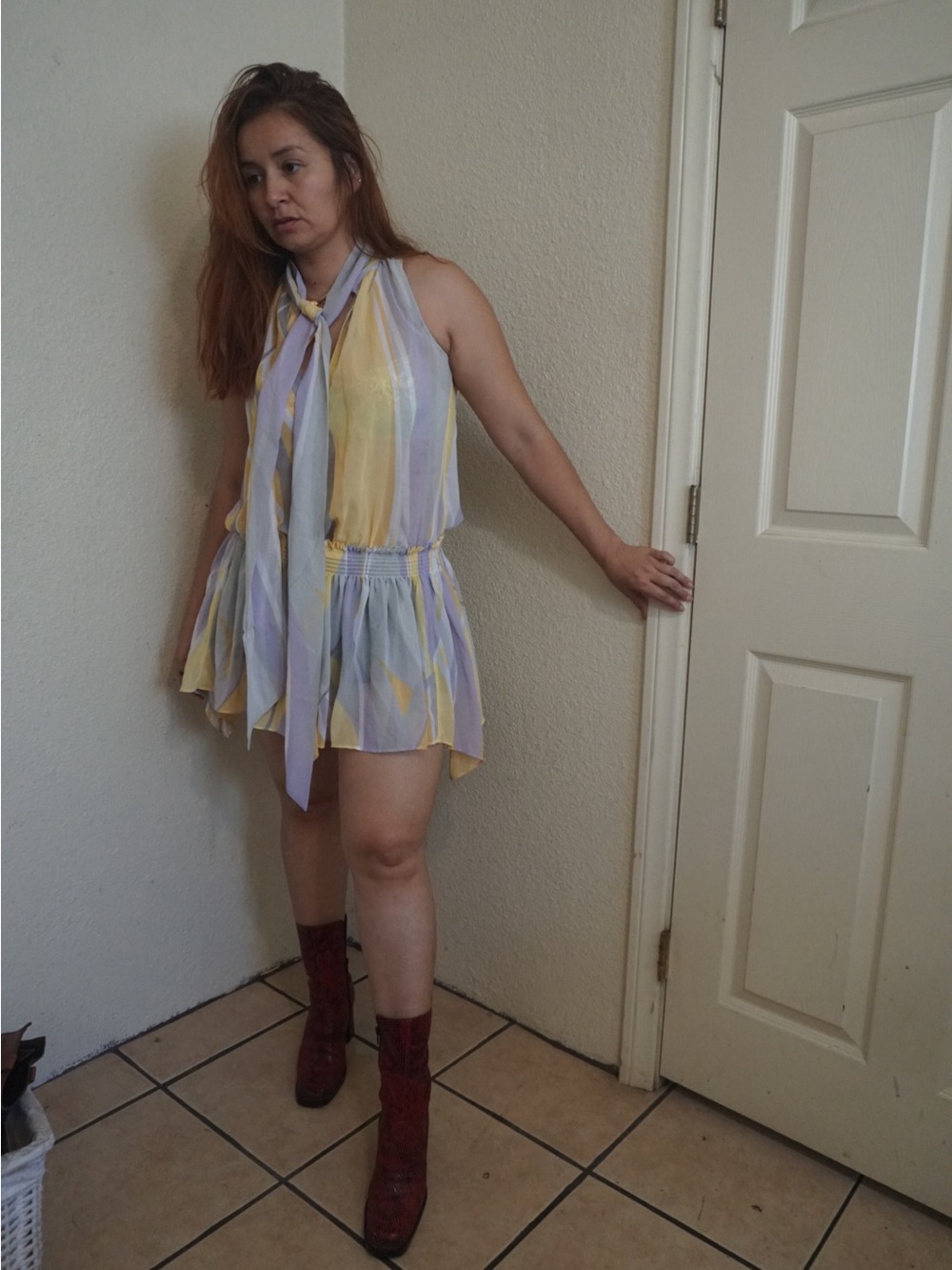 Lavender & Yellow Striped Halter Peplum Camisole